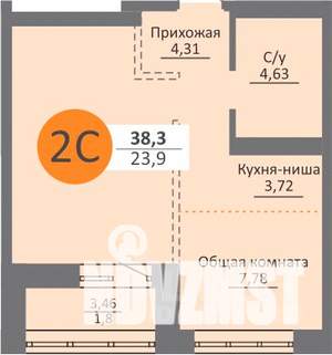 2-к квартира, строящийся дом, 37м2, 14/25 этаж