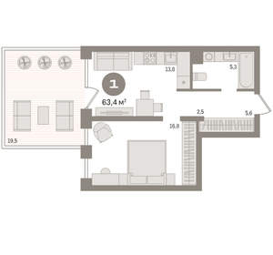 1-к квартира, вторичка, 63м2, 3/17 этаж