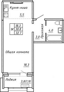 1-к квартира, вторичка, 33м2, 12/15 этаж