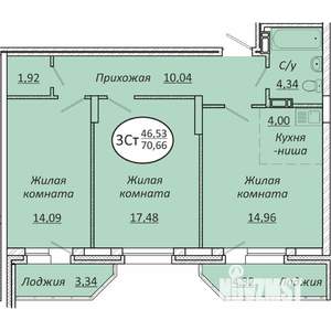 3-к квартира, вторичка, 71м2, 13/25 этаж