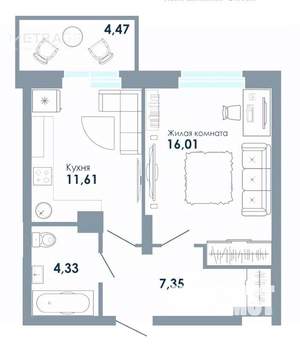 1-к квартира, вторичка, 43м2, 4/16 этаж