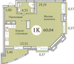 1-к квартира, сданный дом, 60м2, 22/23 этаж