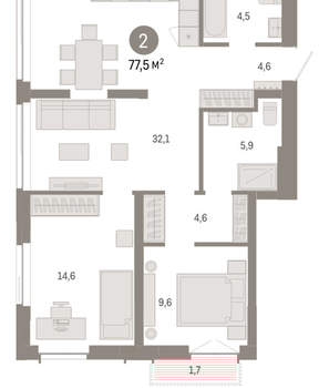 2-к квартира, вторичка, 77м2, 8/23 этаж