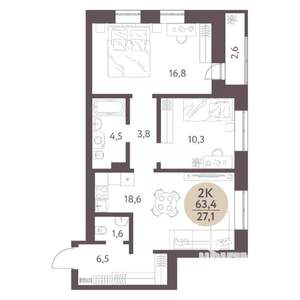 2-к квартира, вторичка, 63м2, 6/10 этаж