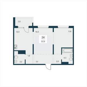 2-к квартира, вторичка, 58м2, 2/17 этаж