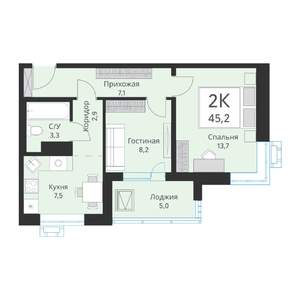 2-к квартира, вторичка, 45м2, 12/15 этаж