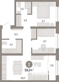 2-к квартира, вторичка, 59м2, 9/9 этаж