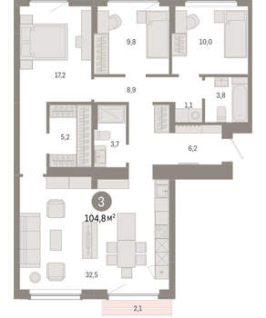 3-к квартира, вторичка, 105м2, 9/12 этаж
