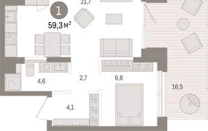 1-к квартира, вторичка, 59м2, 1/15 этаж