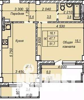 1-к квартира, строящийся дом, 52м2, 6/9 этаж