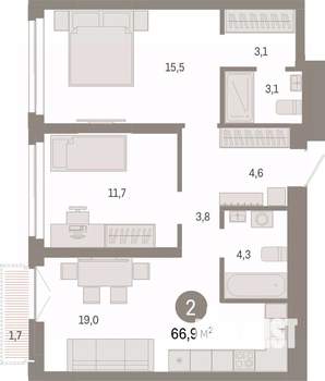 2-к квартира, вторичка, 67м2, 21/23 этаж