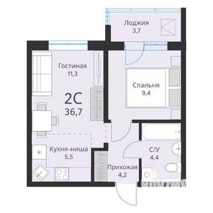 2-к квартира, вторичка, 37м2, 9/16 этаж