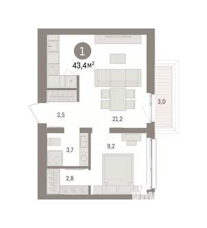 1-к квартира, вторичка, 43м2, 7/8 этаж