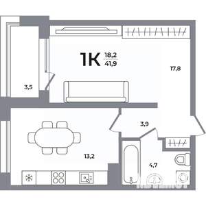 1-к квартира, вторичка, 41м2, 9/17 этаж