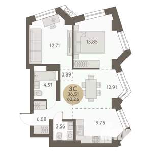 3-к квартира, вторичка, 63м2, 10/31 этаж