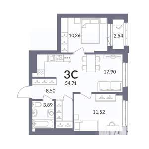 3-к квартира, вторичка, 55м2, 12/14 этаж