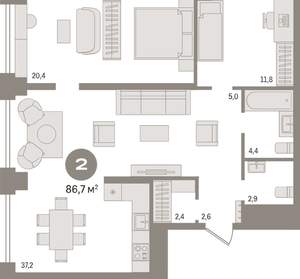 2-к квартира, вторичка, 87м2, 5/30 этаж