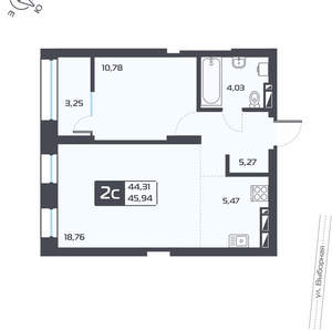 2-к квартира, вторичка, 46м2, 18/25 этаж