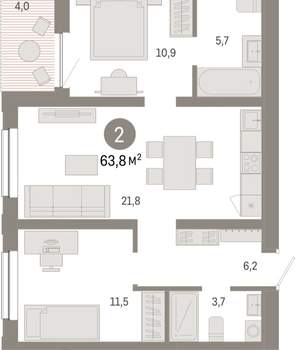 2-к квартира, вторичка, 64м2, 17/17 этаж