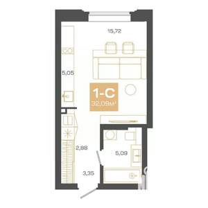 1-к квартира, строящийся дом, 32м2, 16/24 этаж