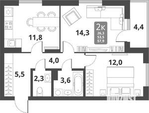 2-к квартира, вторичка, 54м2, 1/17 этаж