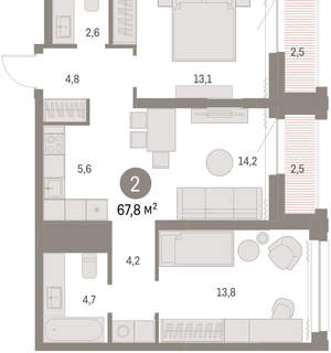 2-к квартира, вторичка, 67м2, 24/30 этаж