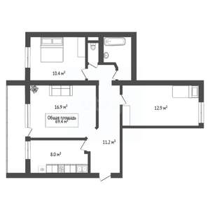 3-к квартира, вторичка, 69м2, 1/10 этаж