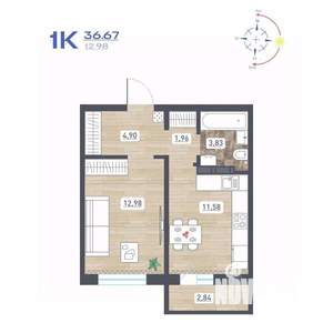 1-к квартира, строящийся дом, 37м2, 9/17 этаж