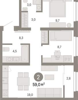 2-к квартира, вторичка, 59м2, 9/15 этаж