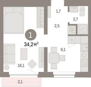 1-к квартира, вторичка, 34м2, 5/12 этаж