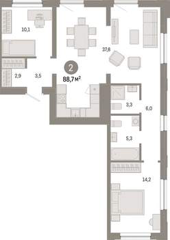 2-к квартира, вторичка, 89м2, 3/17 этаж