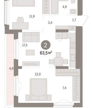2-к квартира, вторичка, 63м2, 8/15 этаж