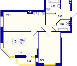 2-к квартира, вторичка, 69м2, 24/26 этаж
