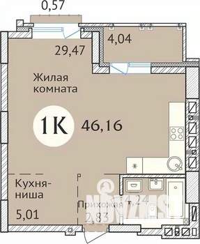 1-к квартира, сданный дом, 46м2, 22/23 этаж