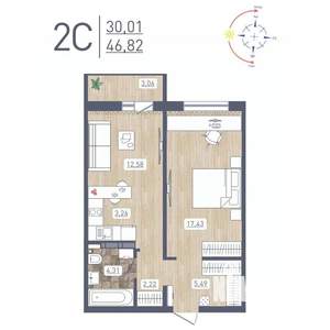 2-к квартира, строящийся дом, 47м2, 14/17 этаж