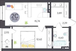 2-к квартира, строящийся дом, 39м2, 5/27 этаж