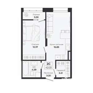 2-к квартира, строящийся дом, 39м2, 5/9 этаж
