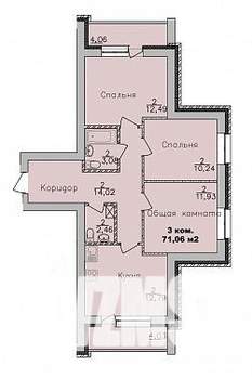 3-к квартира, строящийся дом, 71м2, 6/9 этаж