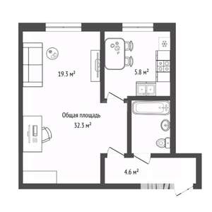 1-к квартира, вторичка, 32м2, 1/4 этаж
