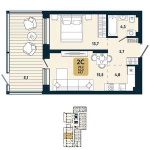 2-к квартира, вторичка, 49м2, 1/25 этаж