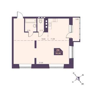 2-к квартира, вторичка, 62м2, 8/24 этаж