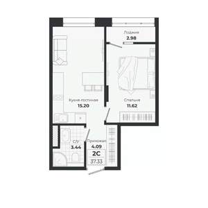 2-к квартира, строящийся дом, 34м2, 6/9 этаж