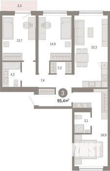 3-к квартира, вторичка, 95м2, 3/9 этаж