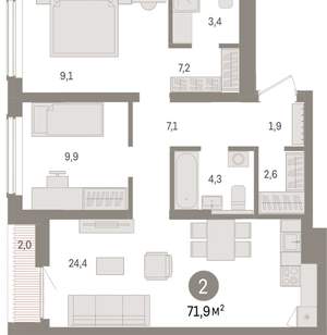 2-к квартира, вторичка, 72м2, 8/15 этаж