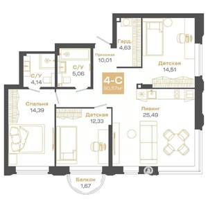 4-к квартира, строящийся дом, 91м2, 8/24 этаж