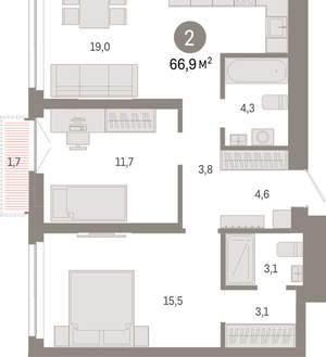 2-к квартира, вторичка, 67м2, 19/23 этаж