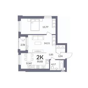 2-к квартира, вторичка, 55м2, 12/14 этаж