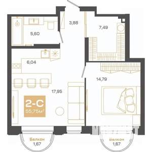 2-к квартира, строящийся дом, 55м2, 9/24 этаж