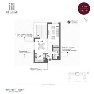 1-к квартира, сданный дом, 42м2, 19/21 этаж