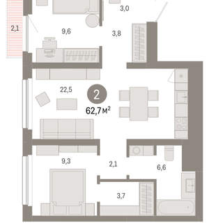 2-к квартира, вторичка, 63м2, 6/12 этаж